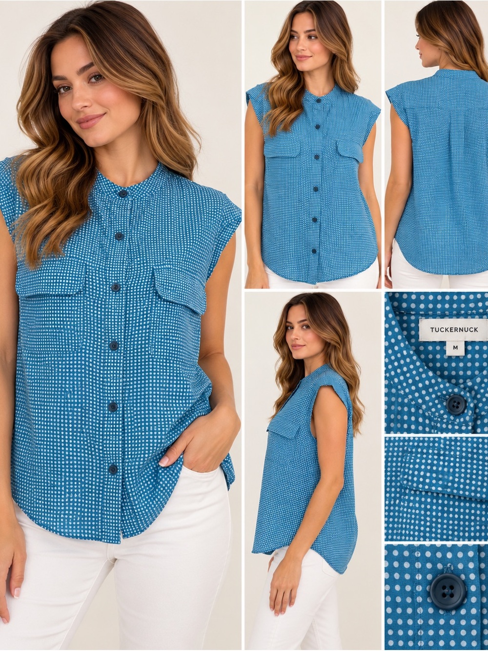 Equipment Femme Blue Polka Dot Button Front Blouse Top